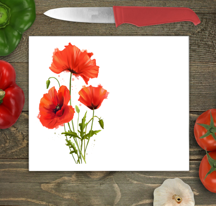 Wild Poppy Glass Chopping Board, Flower Cutting Board